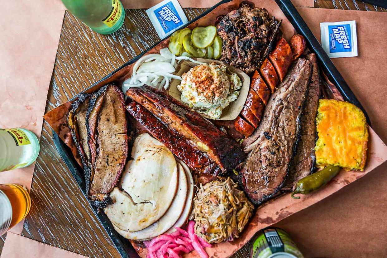 A fully loaded tray at Lewis BBQ