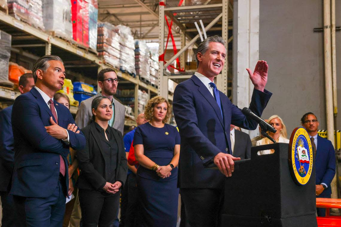 California Gov. Gavin Newsom speaks after signing bills to combat retail crime during a press conference with state and local officials at Home Depot in San Jose on Friday, Aug. 16, 2024.