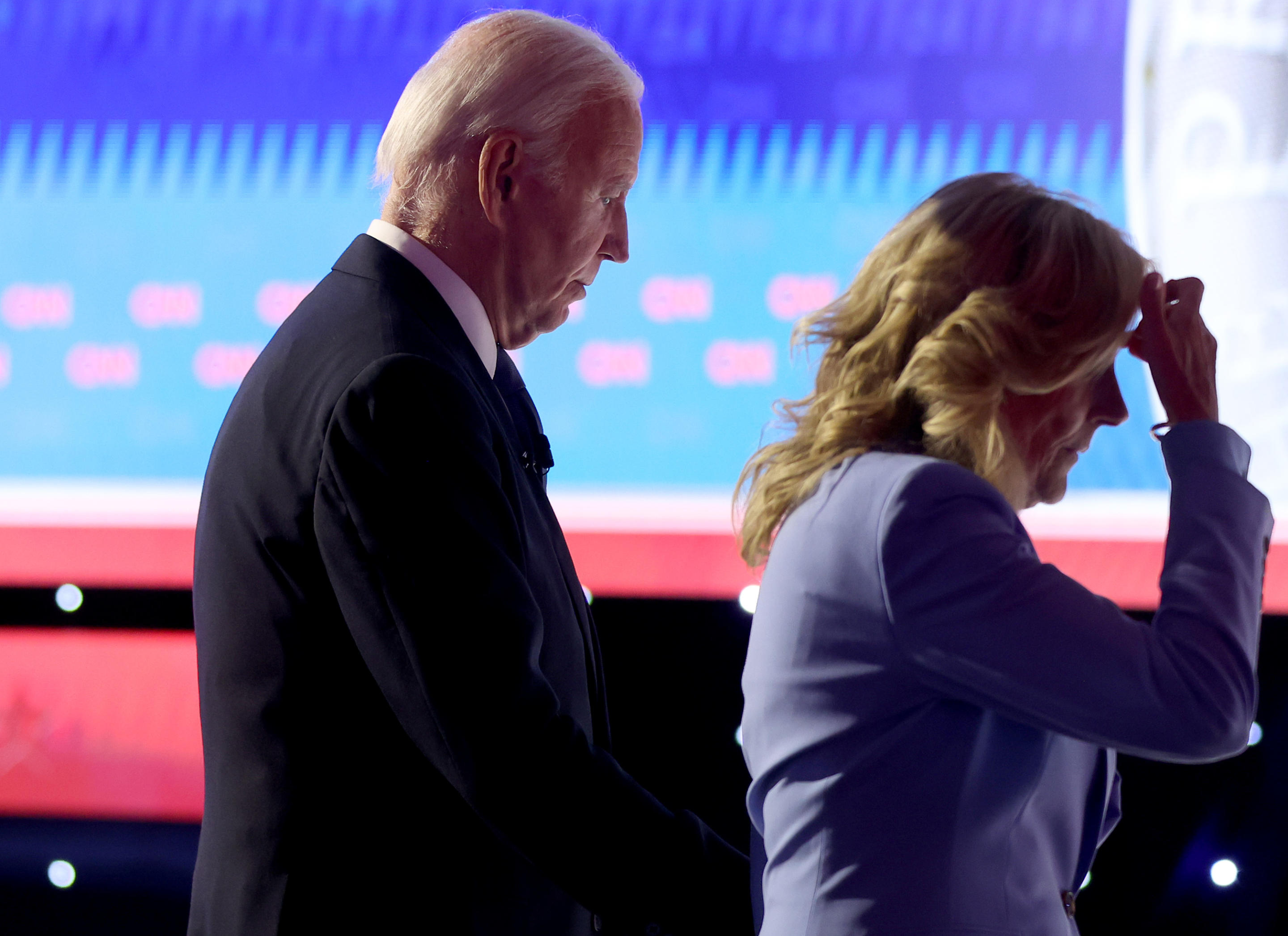 President Biden and first lady Jill Biden walk off the stage following the debate in Atlanta.