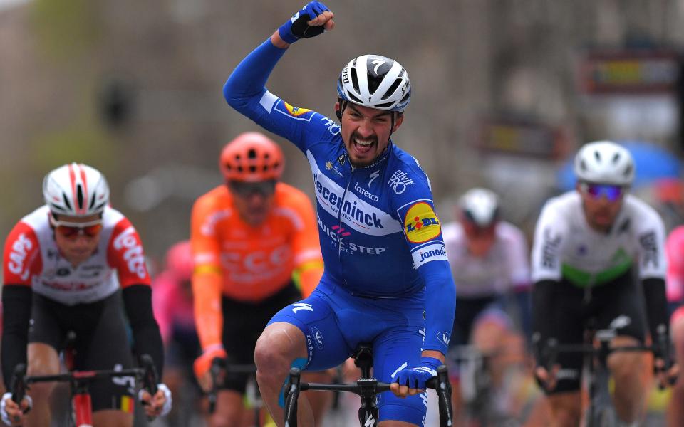 Julian Alaphilippe crosses the line to win stage six at Tirreno-Adriatico on Monday - 2019 Getty Images