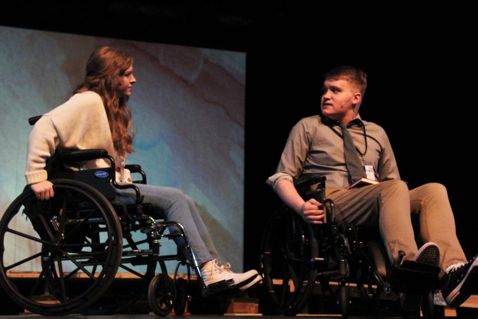 Hardin-Simmons students Kathryn Dawson and Jeff Westman, who portrayed siblings, spent their time on stage in wheelchairs in the May 2021 production of "Wheels.," a play written and directed by Westman.