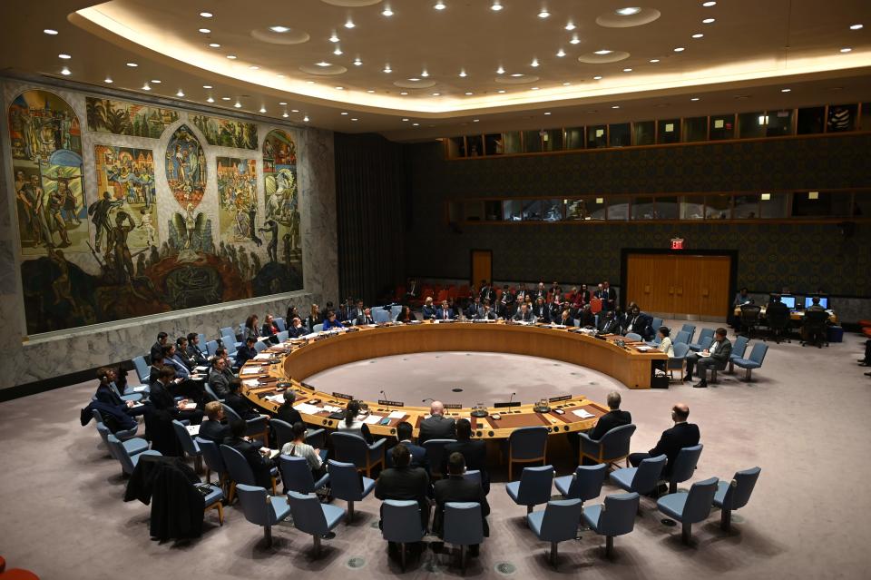 German Foreign Minister Heiko Maas (C) speaks at a UN Security Council meeting at United Nations headquarters in New York on February 26, 2020.