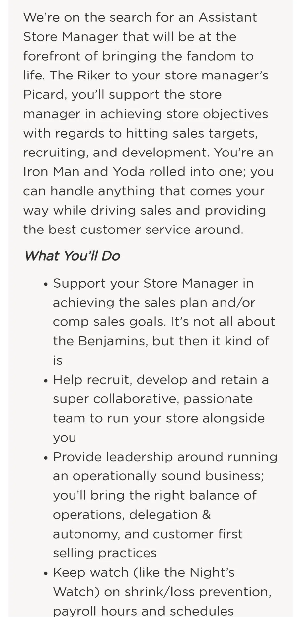 assistant store manager job posting saying you must be "the riker to your store manager's picard" and be "iron man and yoda" rolled into one