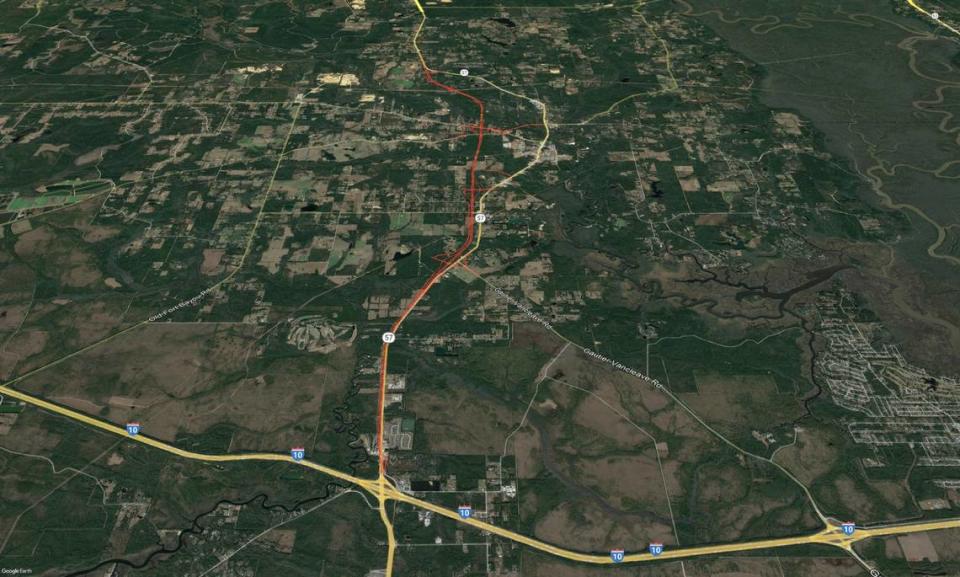 This map from MDOT shows the path of the MS 57 bypass to the west of Vancleave. The highway will swing west at Gautier-Vancleave Road and continue to north of the stadium, with exits along the way.