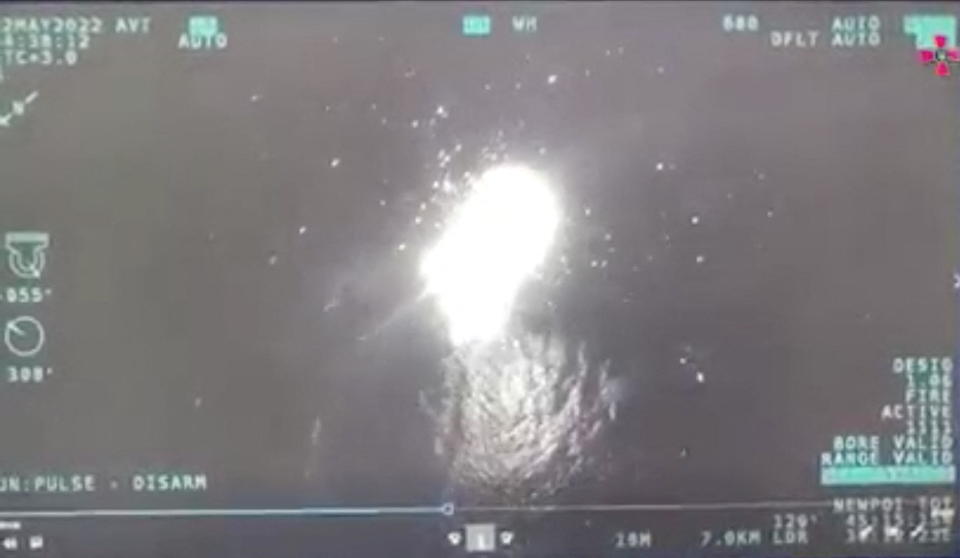 A vessel claimed to be a Russian Raptor boat is destroyed with use of Ukrainian, Turkish-supplied Bayraktar drone, near Snake Island, Ukraine in this screen grab obtained from a social media video on May 2, 2022.  / Credit: UKRAINIAN NAVAL FORCES