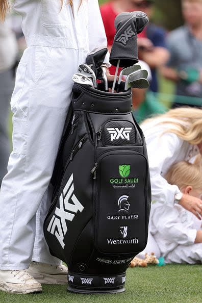 AUGUSTA, GEORGIA - APRIL 10: Gary Player of South Africa bag is seen on the second green during the Par Three Contest prior to the 2024 Masters Tournament at Augusta National Golf Club on April 10, 2024 in Augusta, Georgia. (Photo by Jamie Squire/Getty Images) (Photo by Jamie Squire/Getty Images)