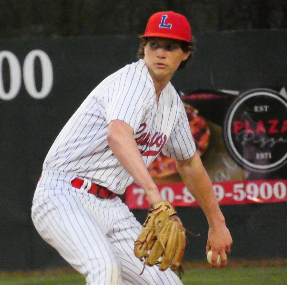 Lakewood sophomore Tyler Bebout pitches against Utica at Don Edwards Park on Friday, April 29, 2022. The Lancers won 5-4, scoring the game-winning run in the bottom of the seventh inning.