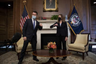 Supreme Court nominee Judge Amy Coney Barrett meets with Sen. Todd Young, R-Ind., Wednesday, Sept. 30, 2020 at the Capitol in Washington. (Brendan Smialowski/Pool via AP)