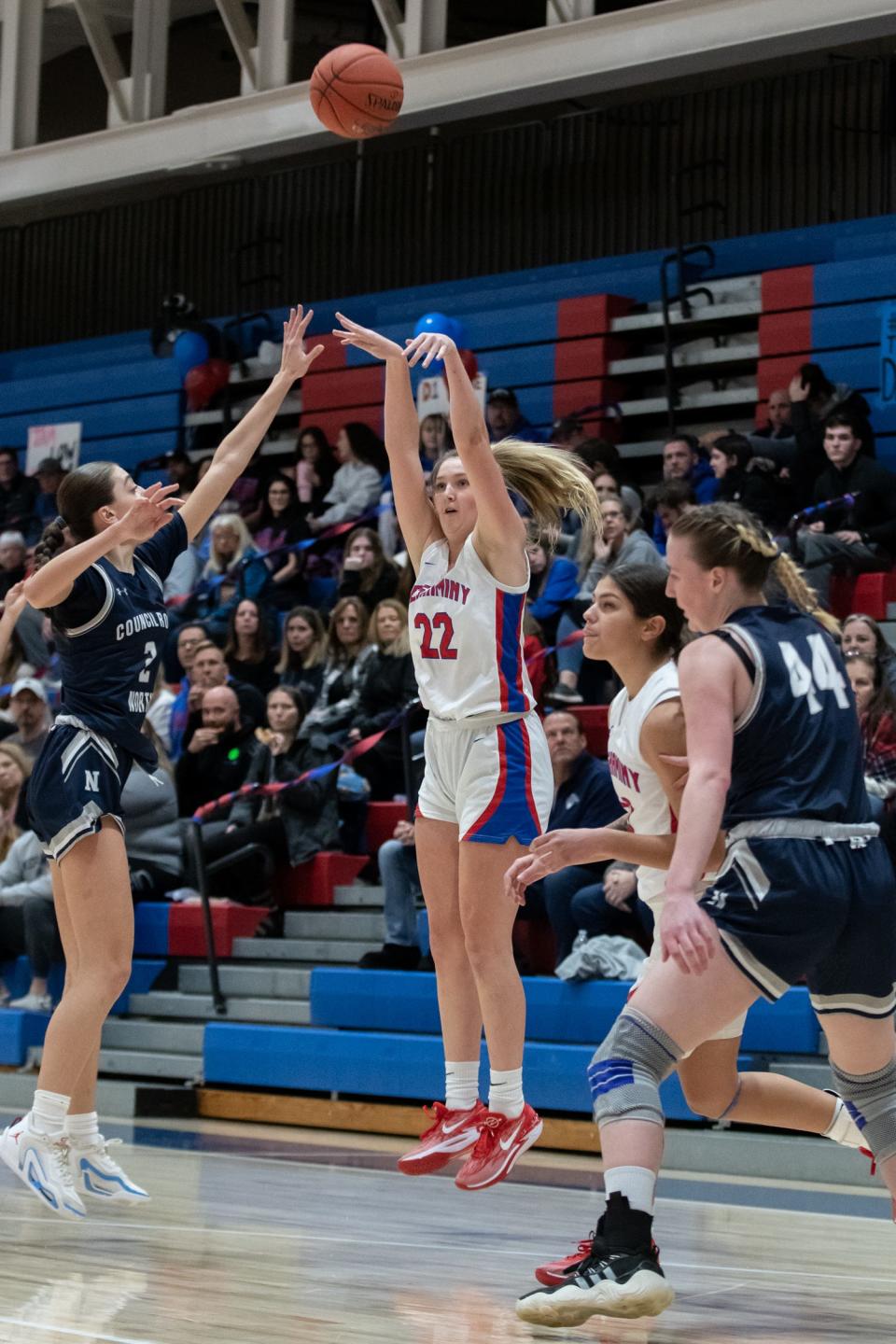 Neshaminy's Reese Zemitis shoots her first 3-pointer of the night on her way to breaking her school's all-time scoring record in a girls basketball game against Council Rock North on Feb. 2.