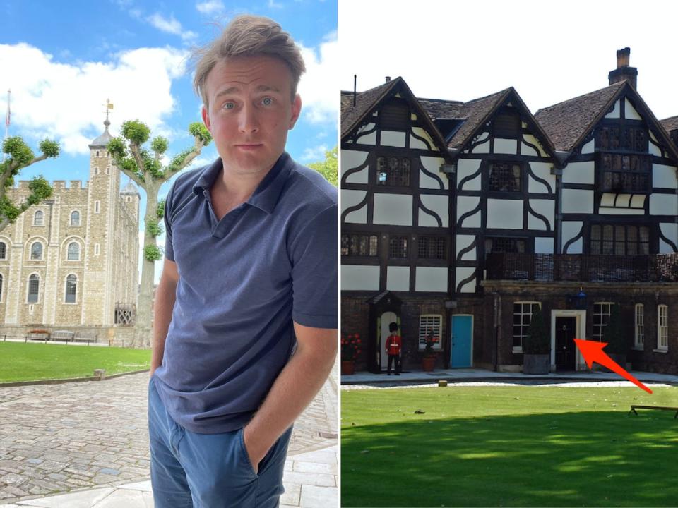 Left, Tom Houghton, right, an arrow points to the Queen's House at the Tower of London