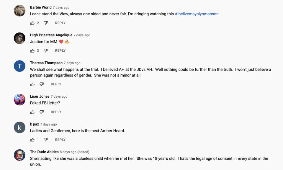 Screenshot of comments on a YouTube video of an Evan Rachel Wood interview from "The View."