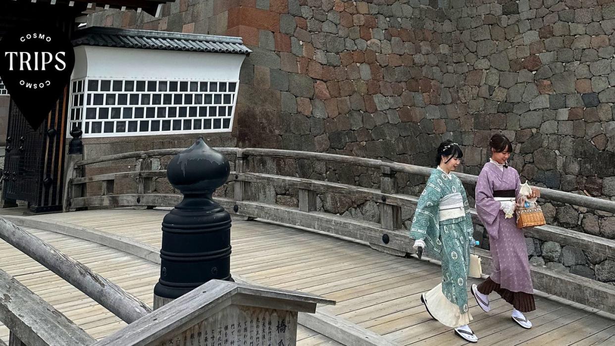 a couple of women walking on a bridge