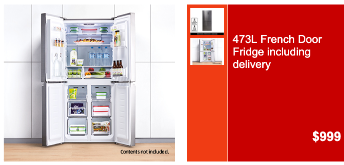 Online catalogue advertisement for the Aldi French door refrigerator.