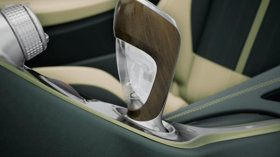 A detail of the gearshift from a rendering of a Bugatti Mistral, virtually created by the automaker's Sur Mesure customization program.