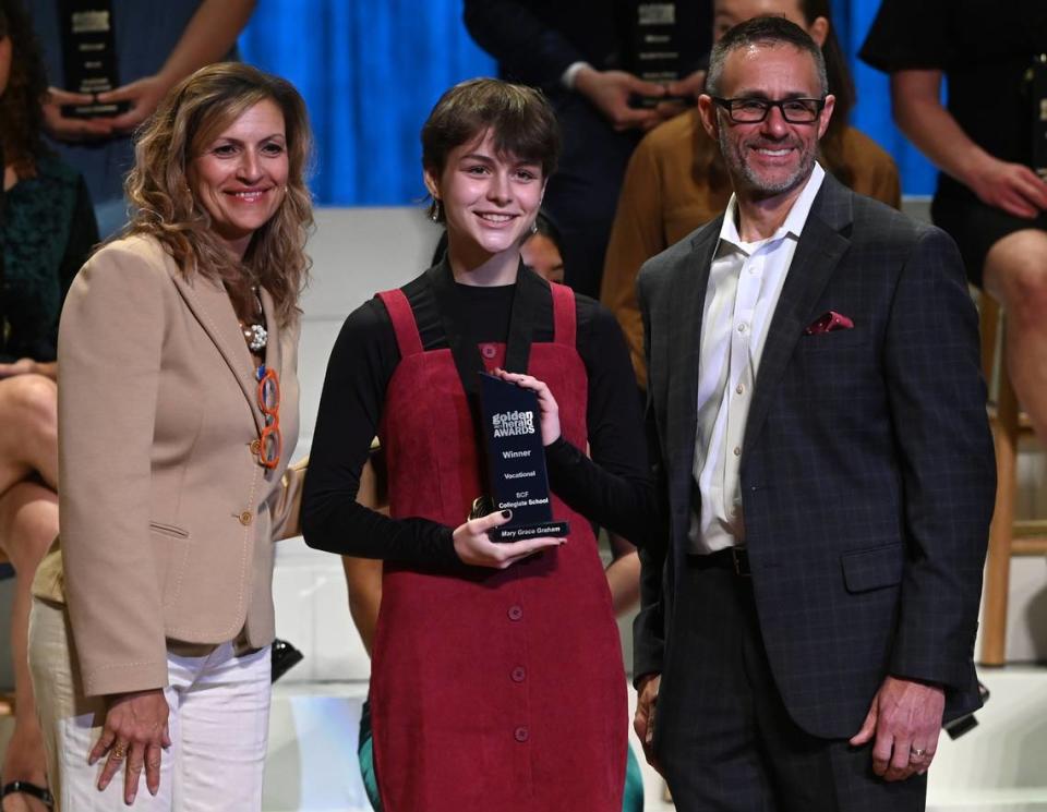 2023 Golden Herald Award winner in the Vocational category Mary Grace Graham with presenters Jackie Barron and Tom McDougal Thursday night.