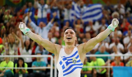 2016 Rio Olympics - Artistic Gymnastics - Final - Men's Rings Final - Rio Olympic Arena - Rio de Janeiro, Brazil - 15/08/2016. Eleftherios Petrounias (GRE) of Greece competes. REUTERS/Mike Blake FOR EDITORIAL USE ONLY. NOT FOR SALE FOR MARKETING OR ADVERTISING CAMPAIGNS.