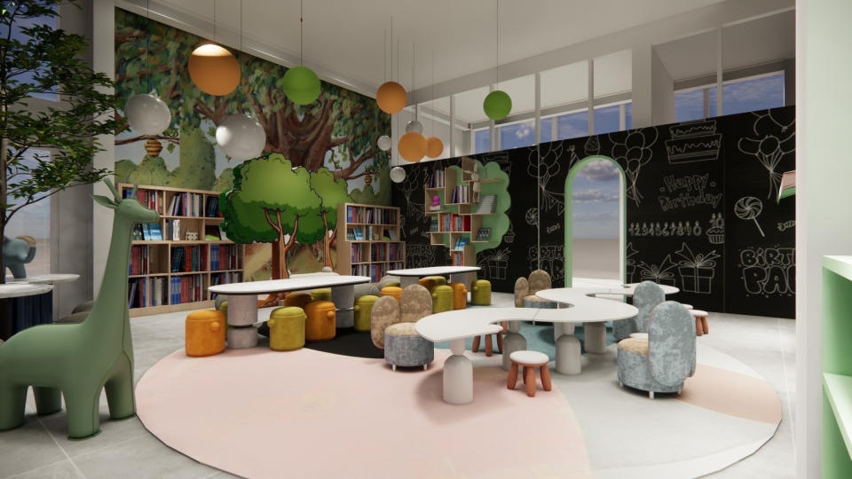 圖說：夢幻親子友善書店 「粿粿繪本館」全館由藝術家親手手繪，以淡雅舒心的色調和童趣可愛的造景融合空間主題打造。（照片提供 / 吉祥道）