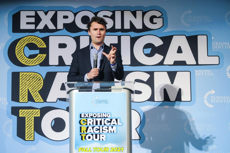 Turning Point USA founder Charlie Kirk speaks to the audience at the “Exposing Critical Racism Theory” tour held at the Mayo Clinic Health System Event on Oct. 5, 2021, in Mankato, Minn. It was the second stop of an eight-stop tour, visiting universities across America. (AP Photo/Jackson Forderer)