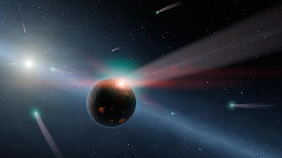 Comets rain down on a young, rocky world in this artist's impression of the Late Heavy Bombardment, a theorized period of intense impact activity on Earth approximately four billion years ago.