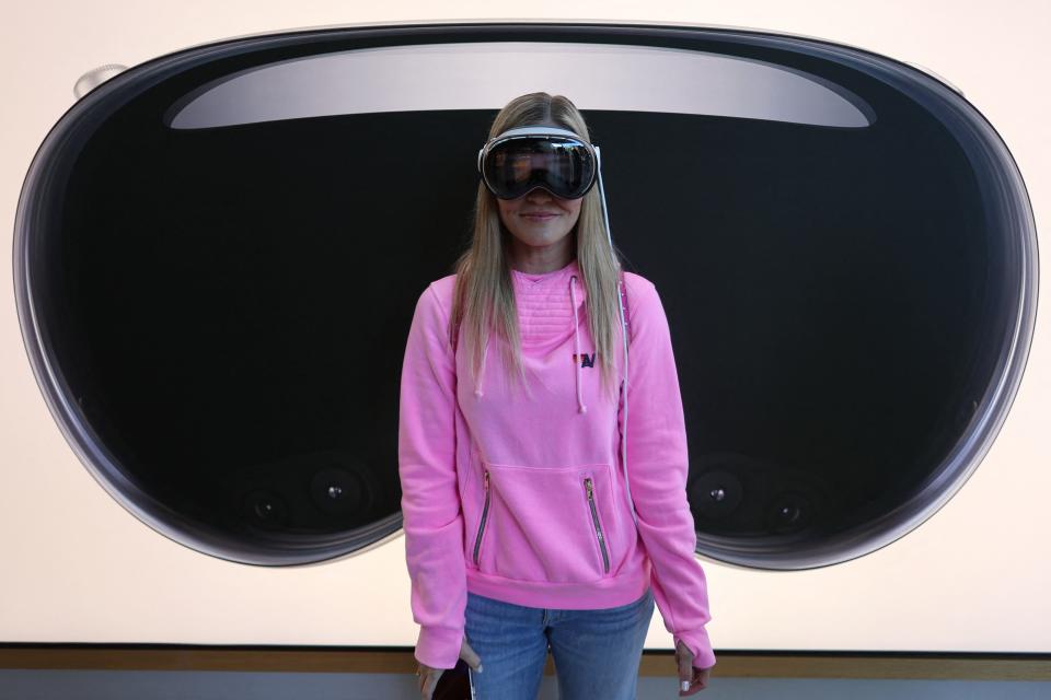 Influencer iJustine wears her Vision Pro at the launch of the Apple Vision Pro at Apple The Grove in Los Angeles, California, on February 2, 2024.