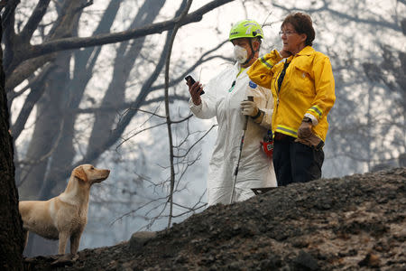 Karen and Larry Atkinson, of Marin, search for human remains with their cadaver dog, Echo, in a neighborhood destroyed by the Camp Fire in Paradise, California, U.S., November 14, 2018. REUTERS/Terray Sylvester