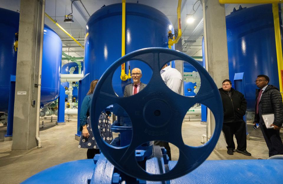 Tom Perez, an advisor to President Joe Biden, center, tours the drinking water treatment facility in Wausau, Wis., on Thursday, Nov. 9, 2023. The city is building a new water treatment system to address PFAS and other “forever chemicals.” The $16.8 million treatment system will allow the city to run its drinking water through a series of carbon filters — known as granulated activated carbon, or GAC — effectively removing not only PFAS, but many other contaminants, according to Eric Lindman, the city's public works director.