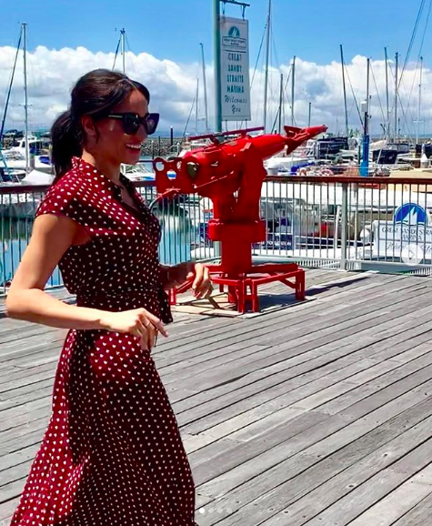 <p>Earlier that moring, Meghan arrived in the sunshine state wearing this burgundy polka dot dress from & Other Stories. It retails for $163 and is the most affordable look in her royal wardrobe so far, so it’s no surprise the dress sold out online really quickly. Photo: Instagram/herveybaymarinetours </p>