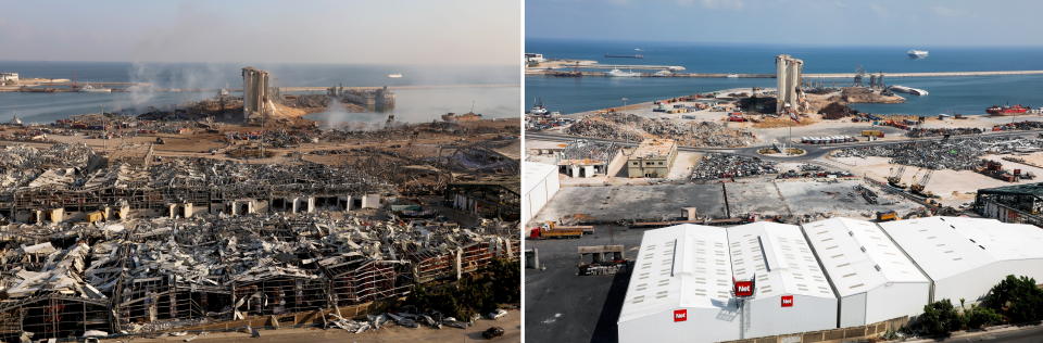 貝魯特港口爆炸前（右）與爆炸後1年對比。圖片來源：REUTERS
