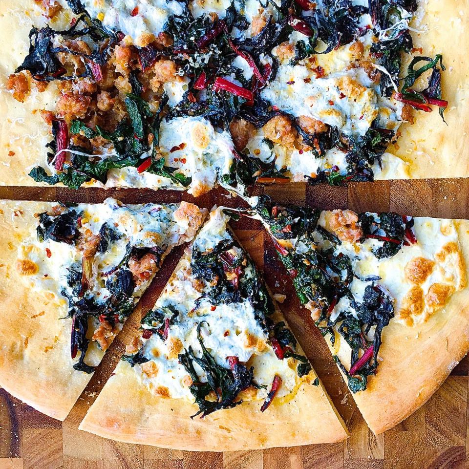 Pizza with Swiss Chard, Sausage, and Mozzarella