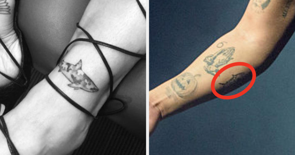 A camouflage shark on Rihanna's ankle and the same shark on Drake's arm