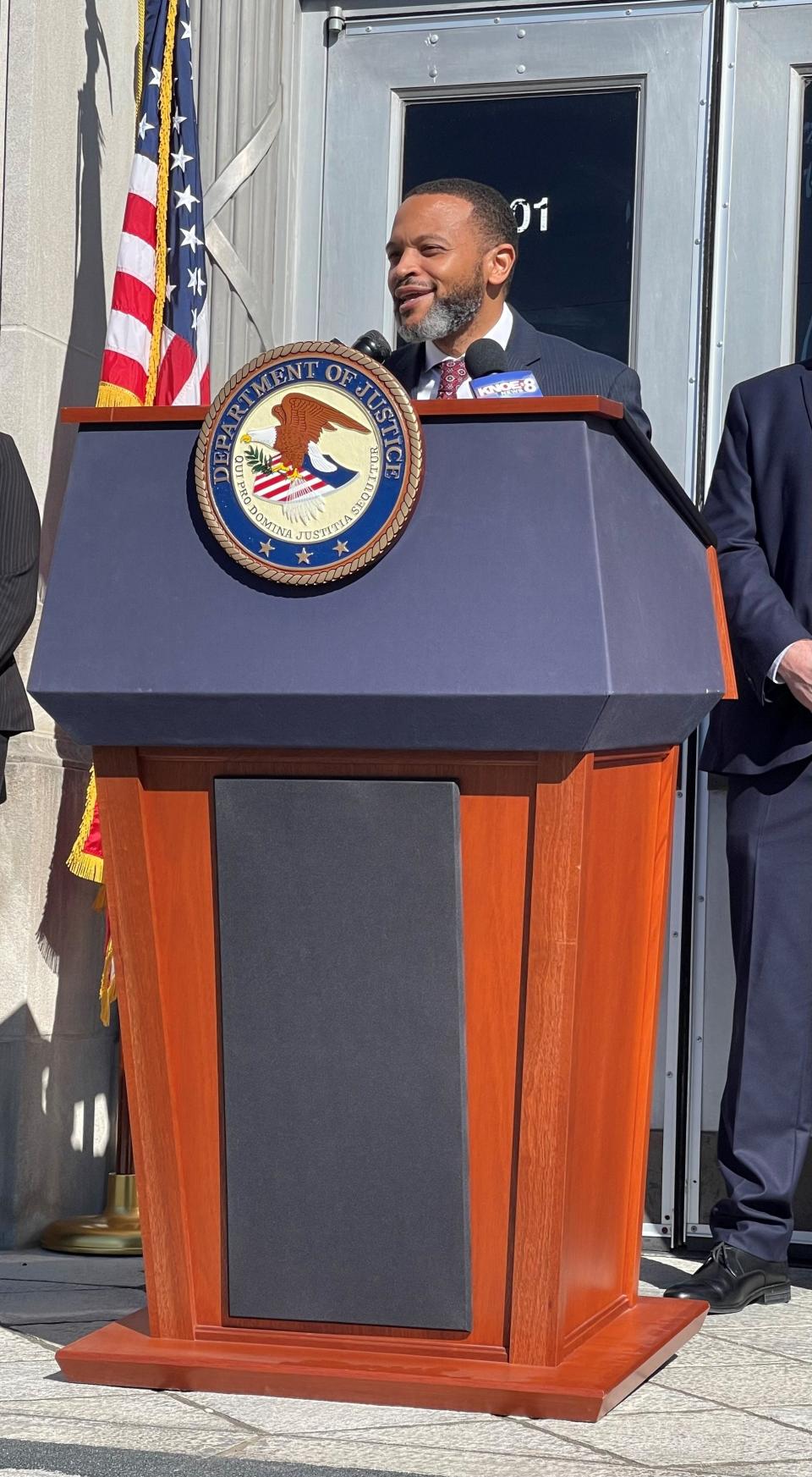 U.S. Attorney Brandon Brown addresses investigating and prosecuting violent criminals in the area at a Wednesday press conference on the steps of the U.S. District Courthouse in Monroe.