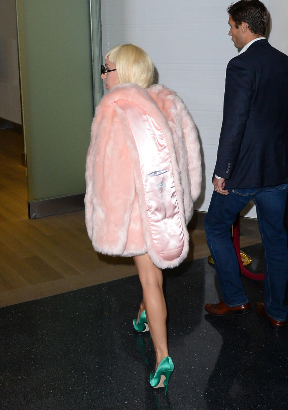 Lady Gaga’s cotton candy-pink outfit from the back.
