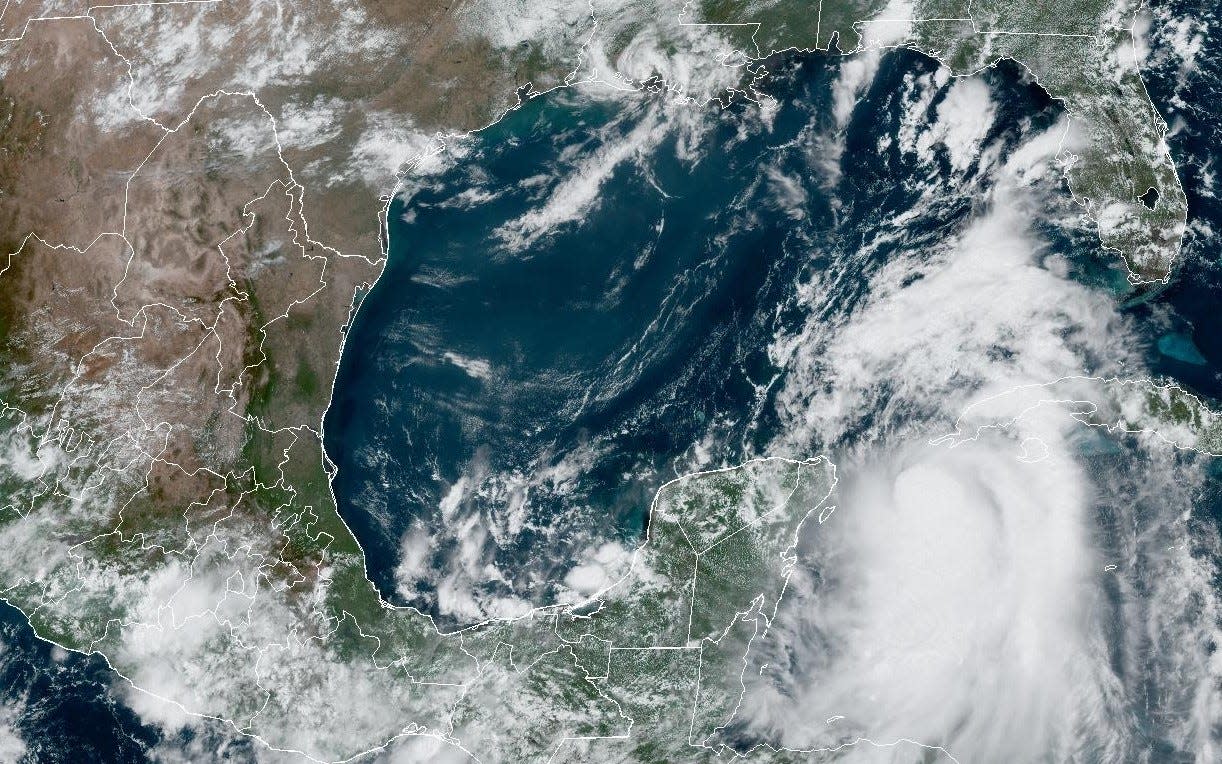 Idalia closes in on Florida, as seen in this GOES satellite image on Monday afternoon.
