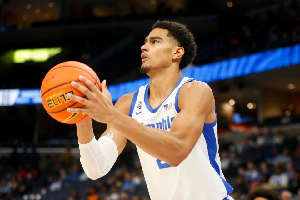 Memphis' Nick Jourdain (2) shoots the ball during the game between Lane College and the University of Memphis at FedExForum in Memphis, Tenn., on Sunday, October 29, 2023.