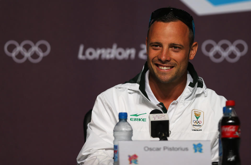 LONDON, ENGLAND - AUGUST 01: Oscar Pistorius of South Africa attend a press conference on Day 5 of the London 2012 Olympic Games at the Olympic Park on August 1, 2012 in London, England. (Photo by Phil Walter/Getty Images)