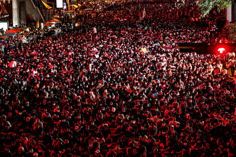 Pro-democracy protesters gather demanding the government to resign and to release detained leaders in Bangkok