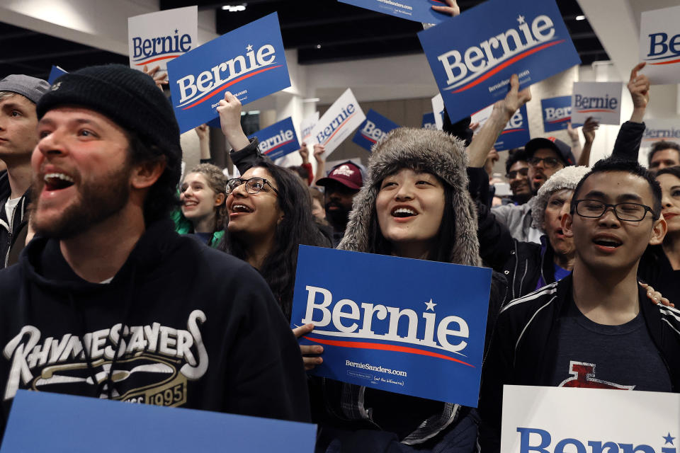 ST. PAUL, MINNESOTA - MARCH 02: Supporters listen to Democratic presidential candidate Sen. Bernie Sanders (I-VT) as he addresses an overflow crowd during a campaign rally at the Roy Wilkins Auditorium March 02, 2020 in St. Paul, Minnesota. h. Sanders is campaigning in Utah and Minnesota the day before Super Tuesday, when 1,357 Democratic delegates in 14 states across the country will be up for grabs. (Photo by Chip Somodevilla/Getty Images)