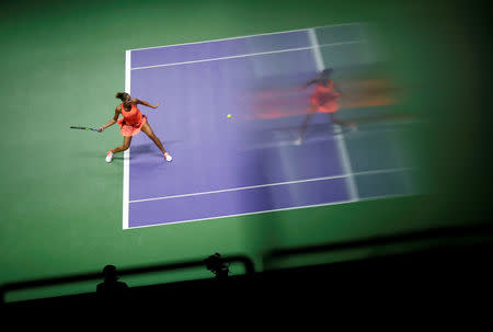 Tennis - Singapore WTA Finals Singles - National Indoor Stadium, Singapore - 23/10/16 -Madison Keys of the U.S. in action against Simona Halep of Romania. REUTERS/Edgar Su