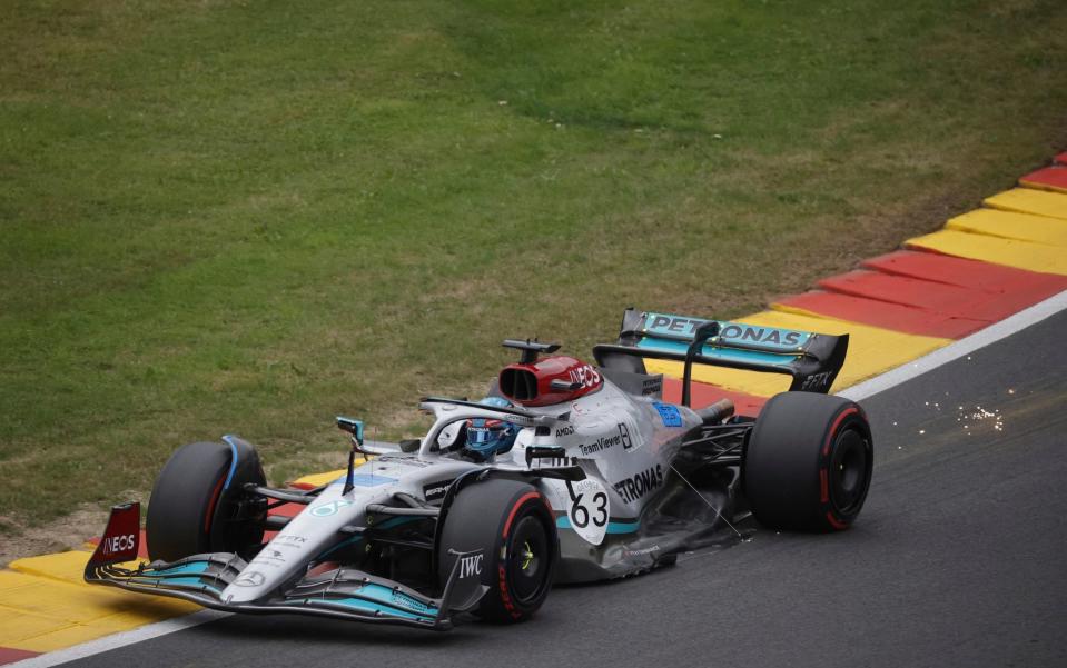 Mercedes driver George Russell of Britain steers his car during the third practice session ahead of the Formula One Grand Prix at the Spa-Francorchamps racetrack in Spa, Belgium, Saturday, Aug. 27, 2022. The Belgian Formula One Grand Prix will take place on Sunday - AP