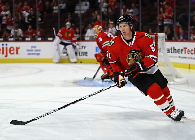 CHICAGO, IL - OCTOBER 01: Brian Campbell #51 of the Chicago Blackhawks participates in warm-ups before a preseason game against the St. Louis Blues at United Center on October 1, 2016 in Chicago, Illinois. (Photo by Jonathan Daniel/Getty Images)