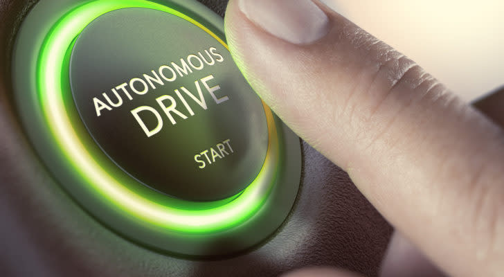Autonomous Driving Stocks, A finger hovering over an "autonomous drive" button.