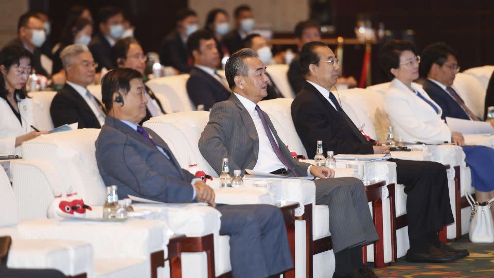 China's top diplomat Wang Yi attends the opening ceremony of the 2023 International Forum for Trilateral Cooperation in Qingdao, Shandong province on Monday. - Li Ziheng/Xinhua/Alamy Live News/AP