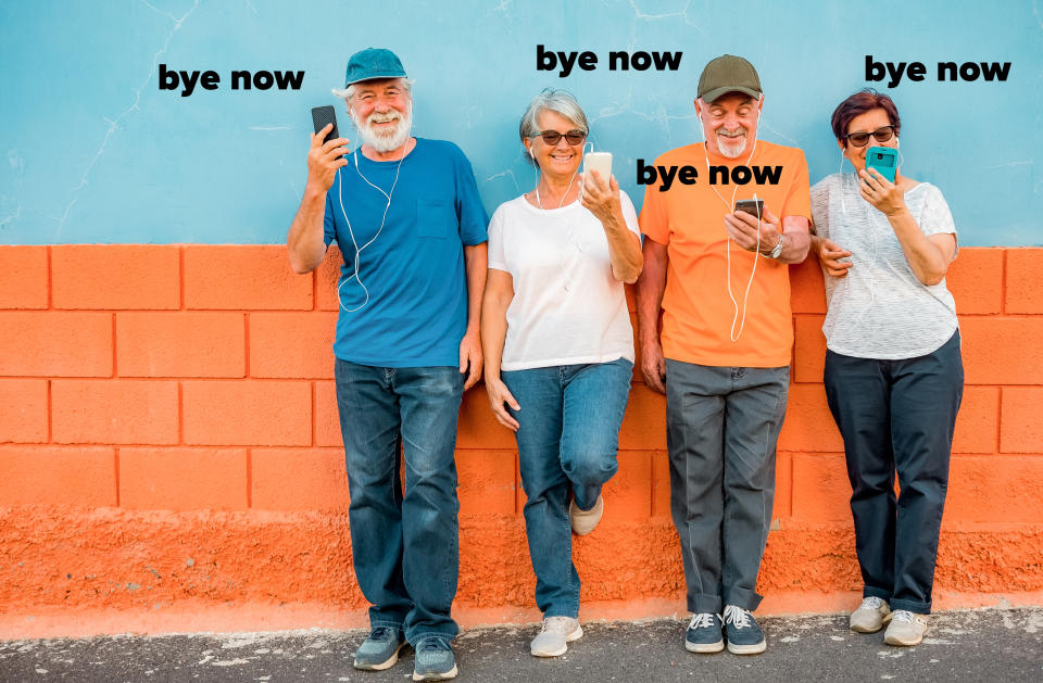 A bunch of old people holding phones and saying "bye now"