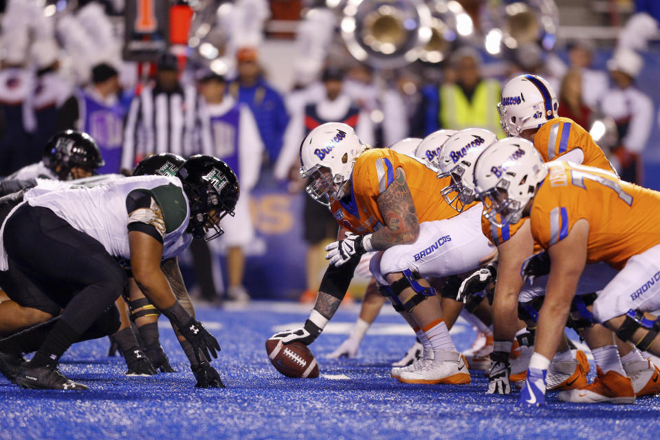 Boise State lines up against Hawaii in the first half of an NCAA college football game, Saturday, Oct. 12, 2019, in Boise, Idaho. Boise State won 59-37. (AP Photo/Steve Conner)