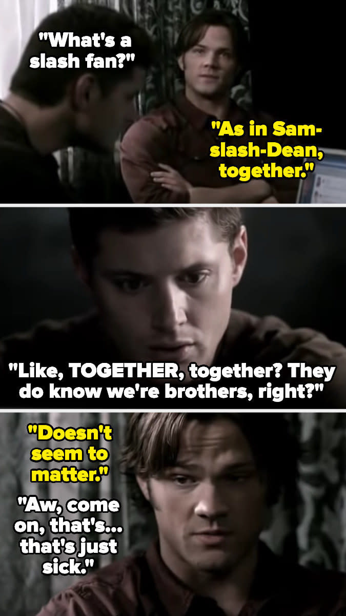 Sam and Dean talking about a Sam-and-Dean ship and asking if fans know they're brothers