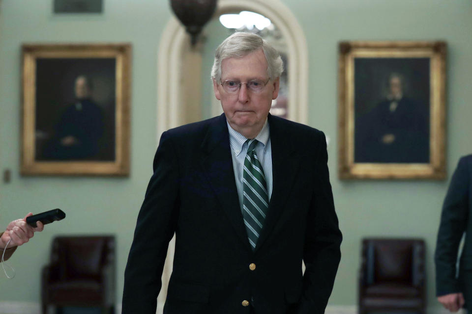 Sen. Mitch McConnell (R-Ky.) decried a provision that could&nbsp;help fill a shortage of volunteer poll workers as a "brand-new week of paid vacation for every federal employee who would like to hover around while you cast your ballot." (Photo: Alex Wong via Getty Images)