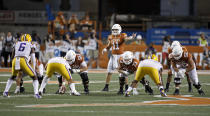 Texas Longhorns quarterback Sam Ehlinger #11 calls a play against the LSU Tigers Saturday Sept. 7, 2019 at Darrell K Royal-Texas Memorial Stadium in Austin, Tx. LSU won 45-38. ( Photo by Edward A. Ornelas )