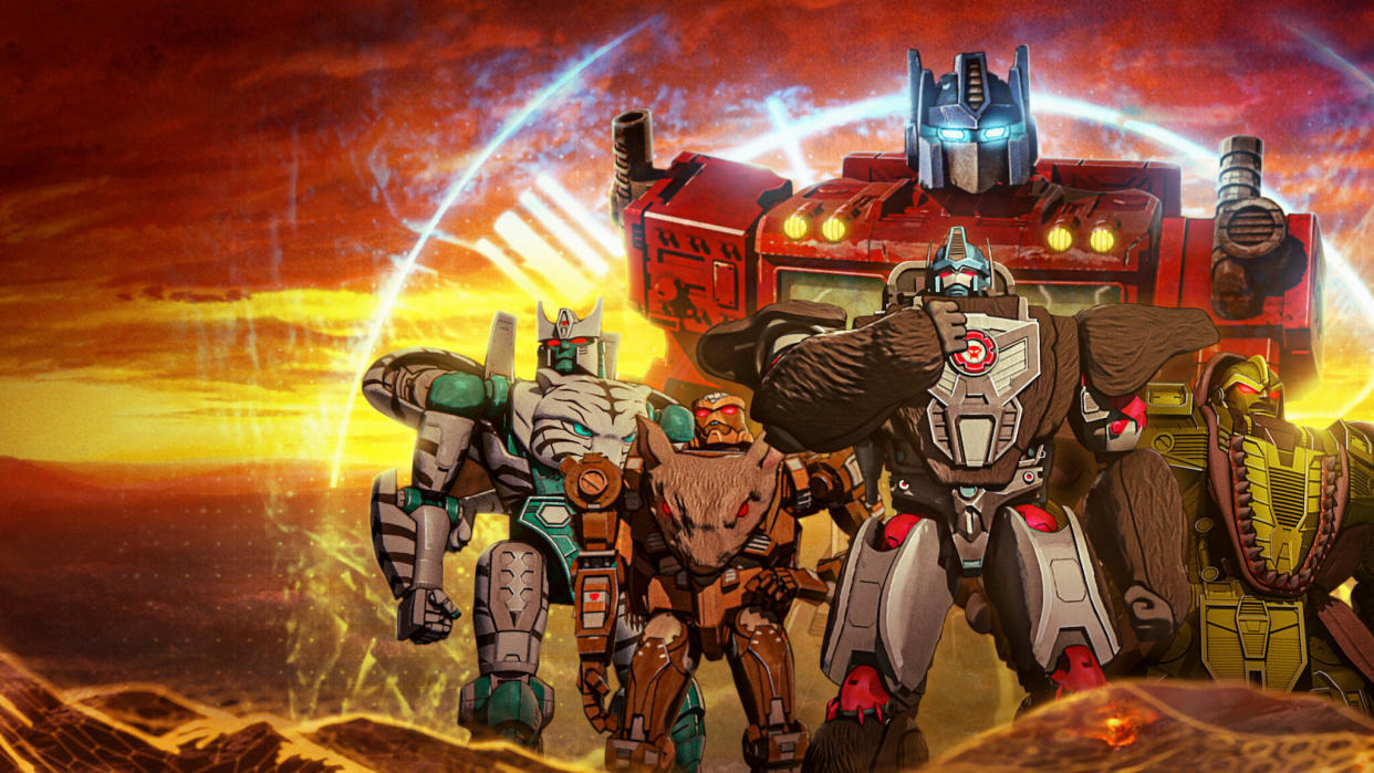 Tigatron (Beau Marie), Rattrap (Frank Todaro), Optimus Primal (Justin Pierce), and Optimus Prime (Jake Foushee) in Transformers: War for Cybertron: Kingdom. (Image: Netflix)