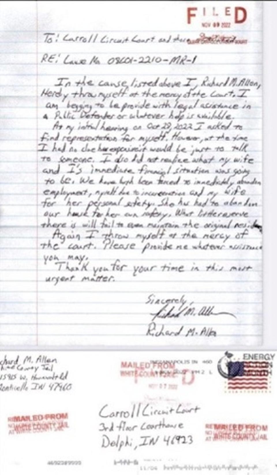 The handwritten letter Richard Allen penned to the court (Provided)