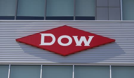 The Dow logo is seen on a building in downtown Midland, Michigan, in this May 14, 2015 file photograph. REUTERS/Rebecca Cook